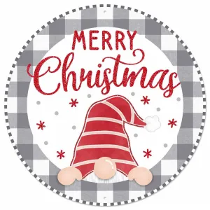 12" Metal Sign: Christmas Gnome Cool Grey Check