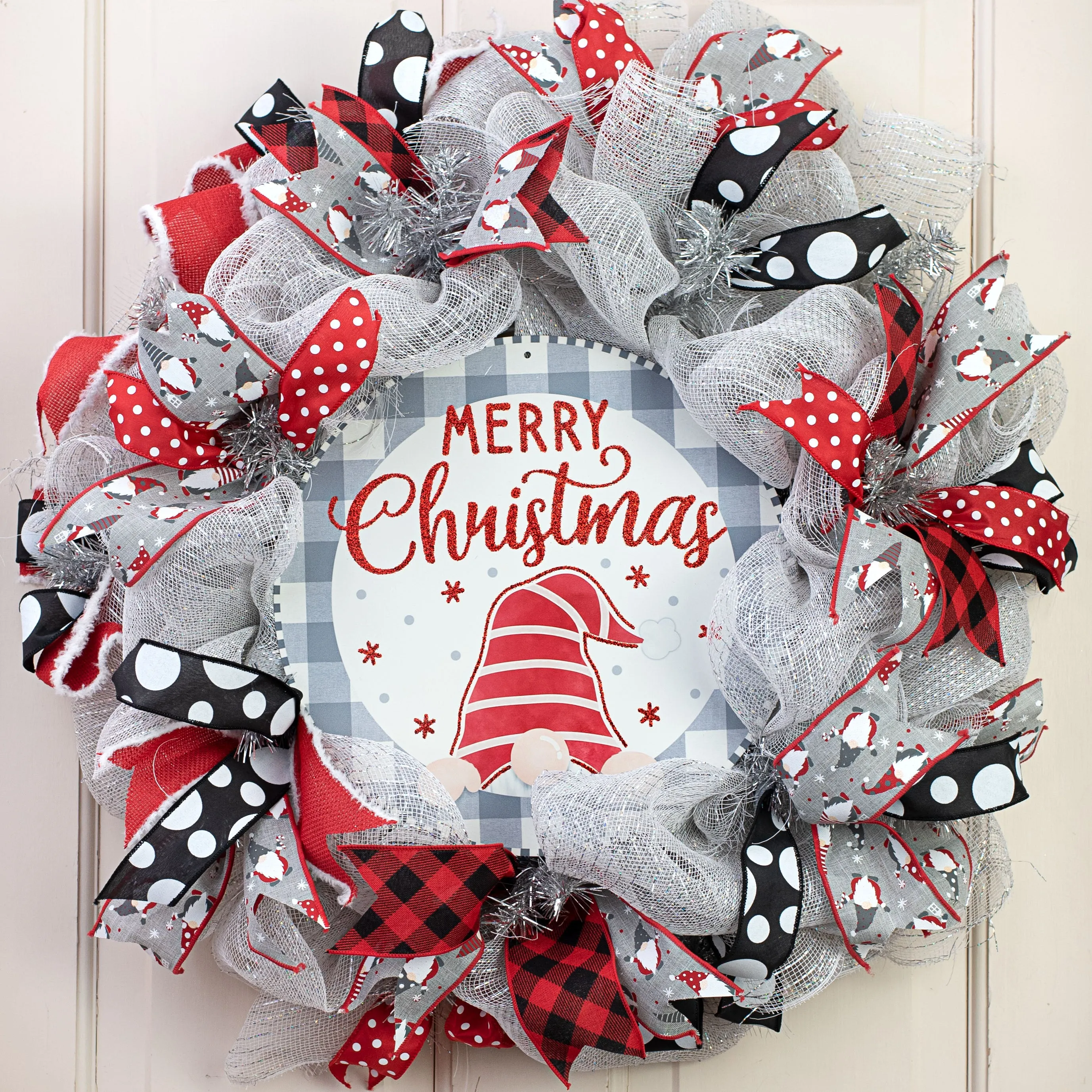 12" Metal Sign: Christmas Gnome Cool Grey Check