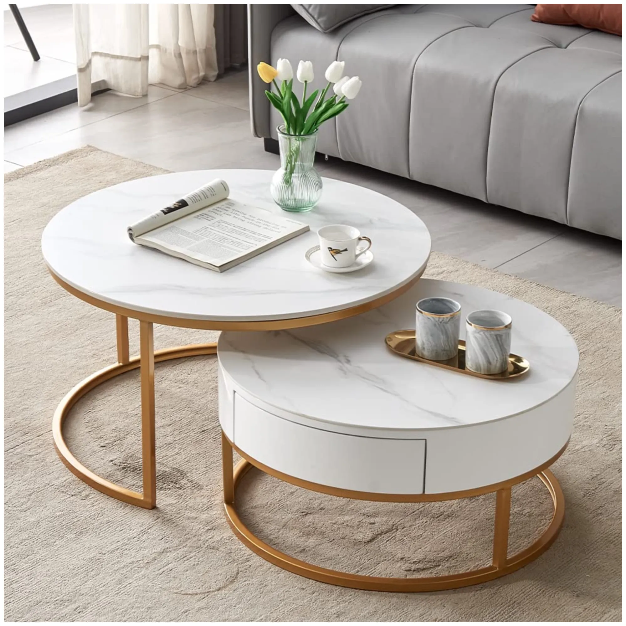 2 Pieces Coffee Table Round Table For Living Room With Storage Drawing