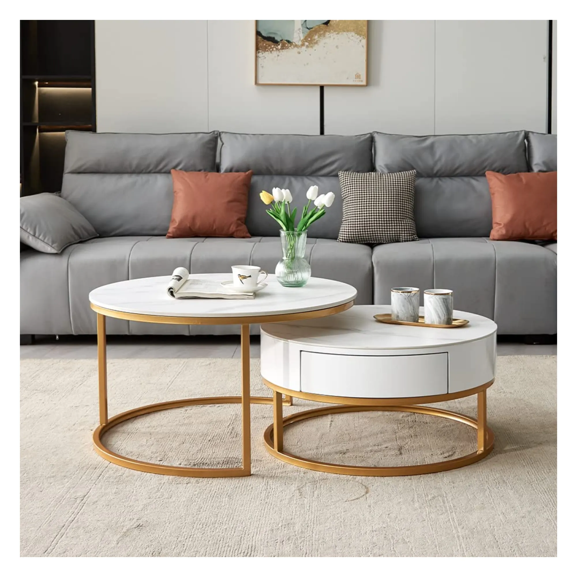 2 Pieces Coffee Table Round Table For Living Room With Storage Drawing