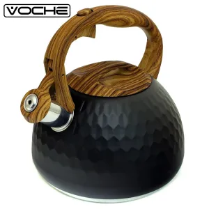 3L Whistling Stovetop Kettle Stainless Steel Black Honeycomb & Wood Effect Voche