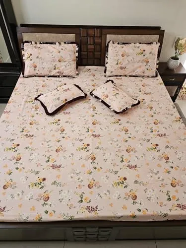 5-Piece (1 2 2) Queen Size Bedsheet Set with 135 GSM (240 TC) Polycotton Bedsheet (90 * 100), 2 Microfiber Filled Frilly Pillows (12 * 18) & 2 Frilly Pillow Covers Perfect for Gifting Options