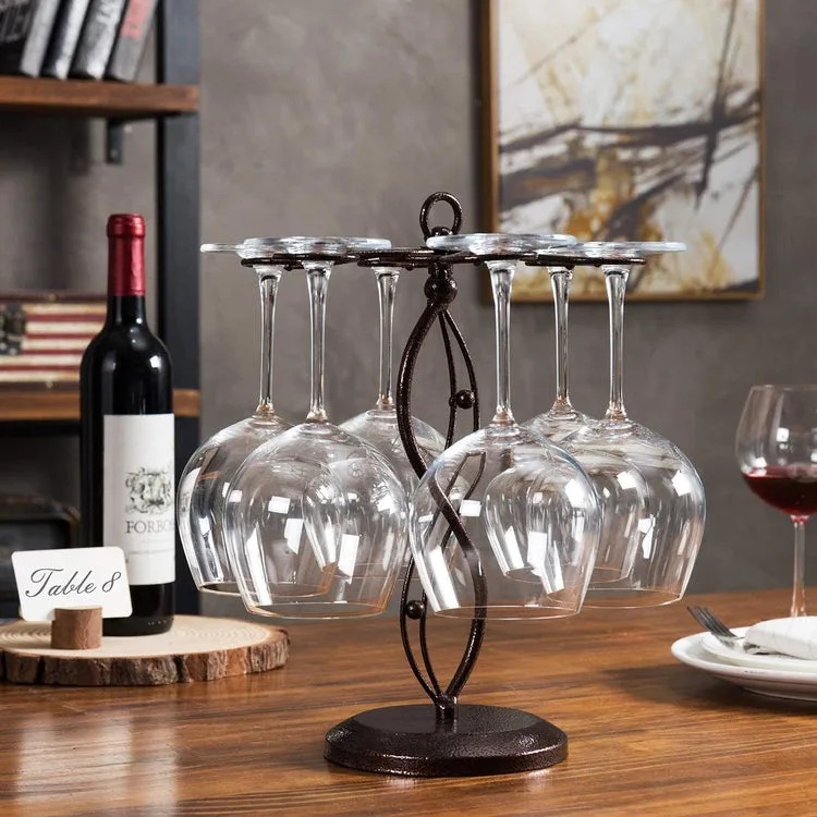 Bronze Metal Scrollwork Tabletop Wine Glass Rack with 6 Hooks