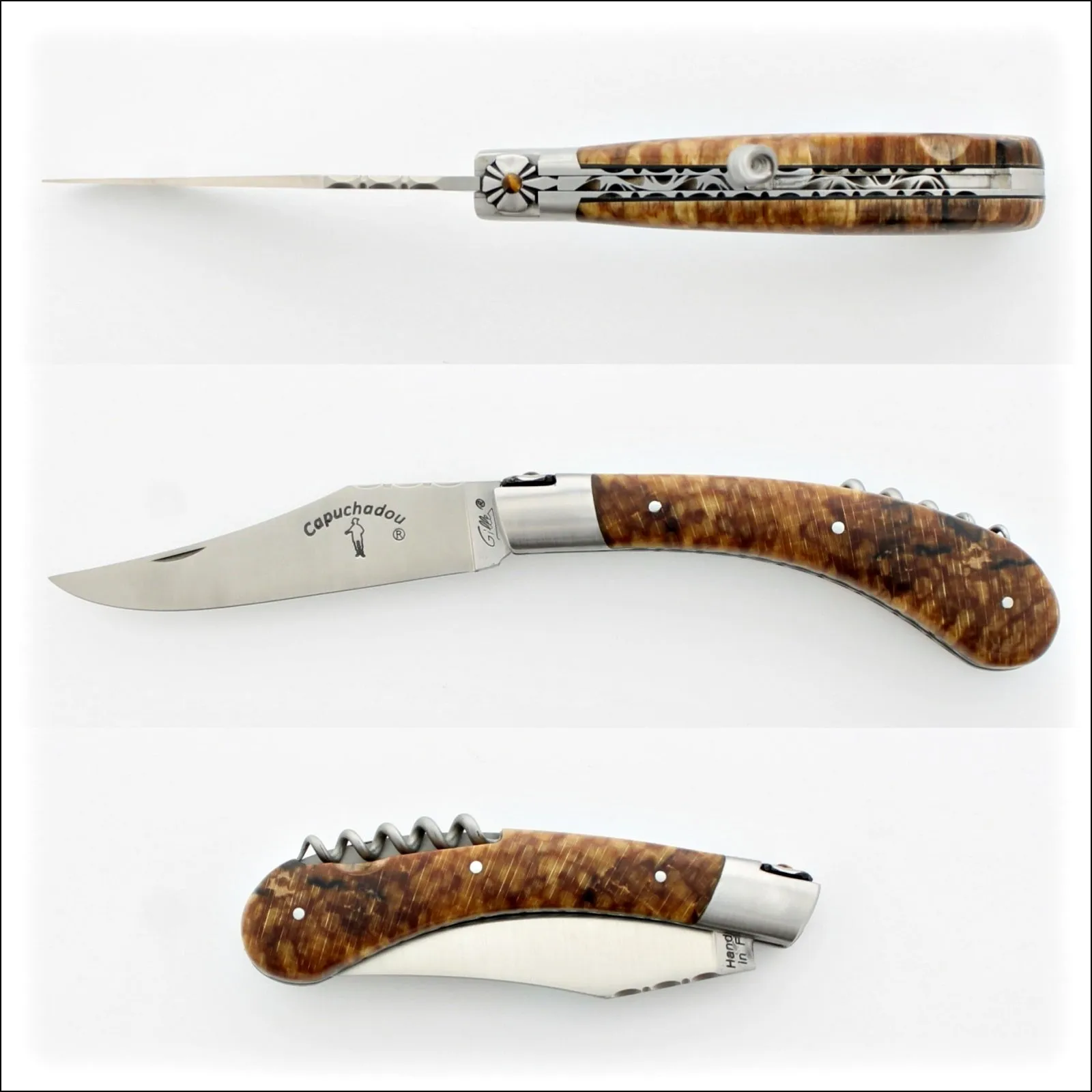 Capuchadou 12 cm Guilloche Corkscrew Knife Burled beech End Grain