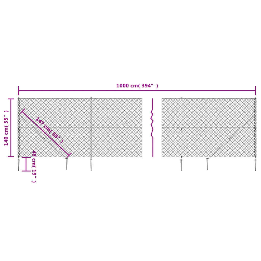 Chain Link Fence with Spike Anchors Silver 1.4x10 m