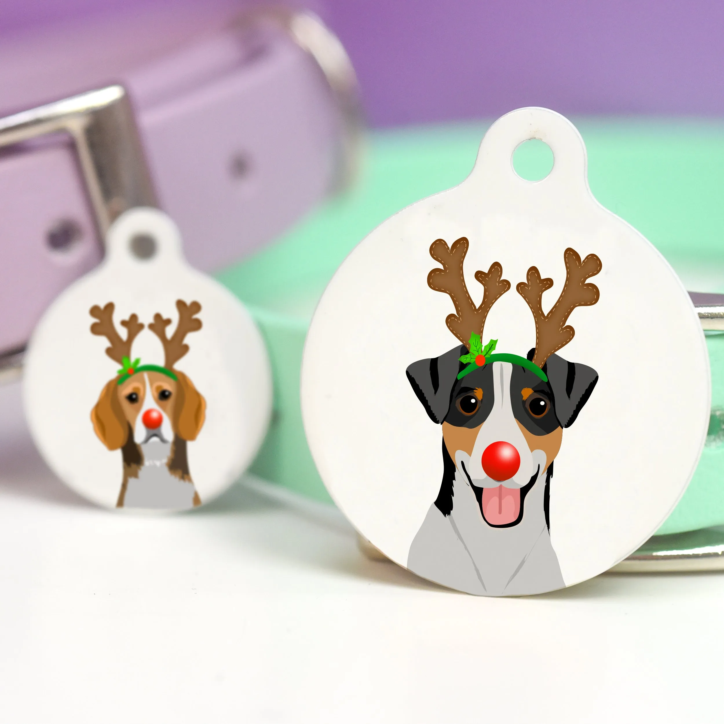 Christmas Personalised Dog ID Tag - Reindeer Antlers & Rednose