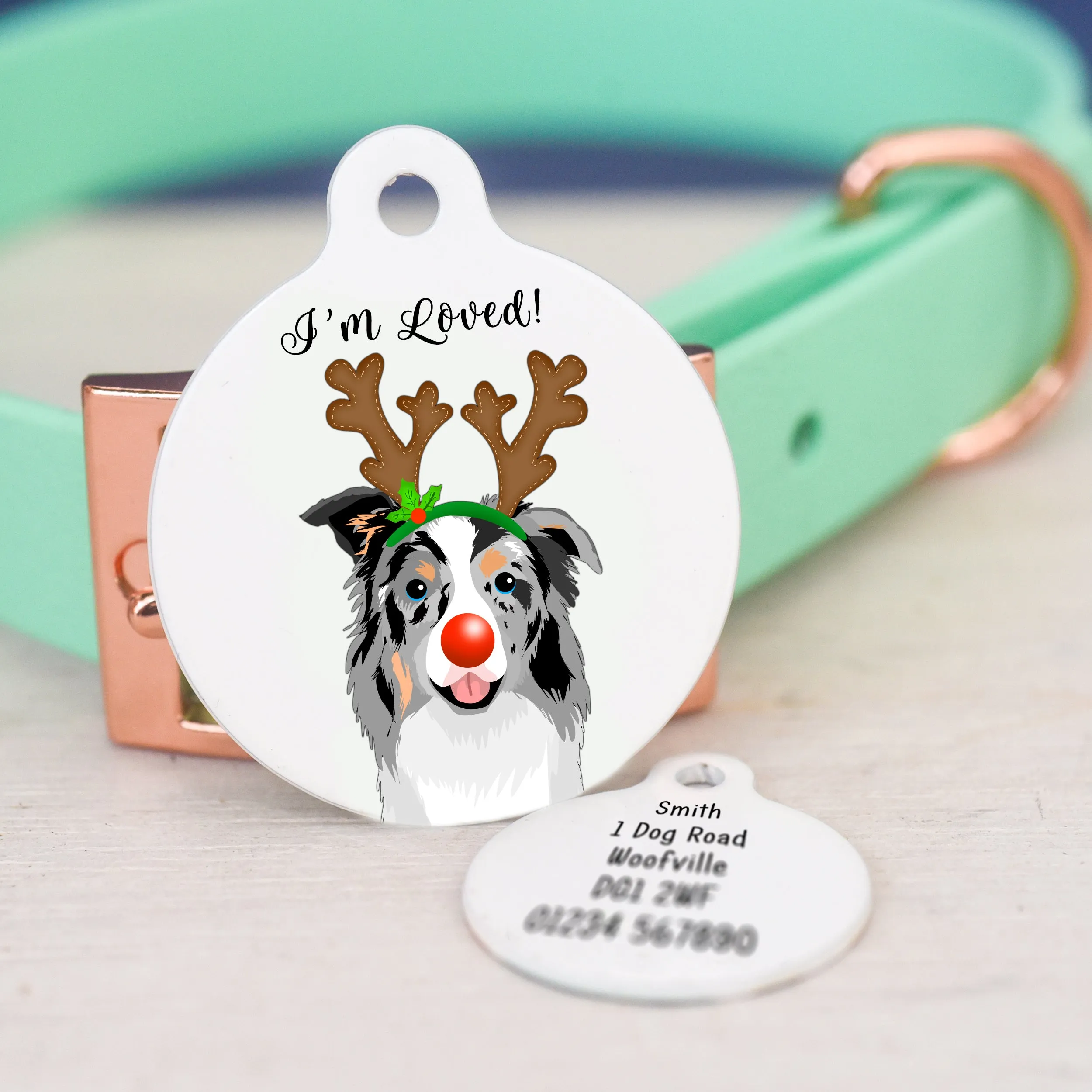 Christmas Personalised Dog ID Tag - Reindeer Antlers & Rednose