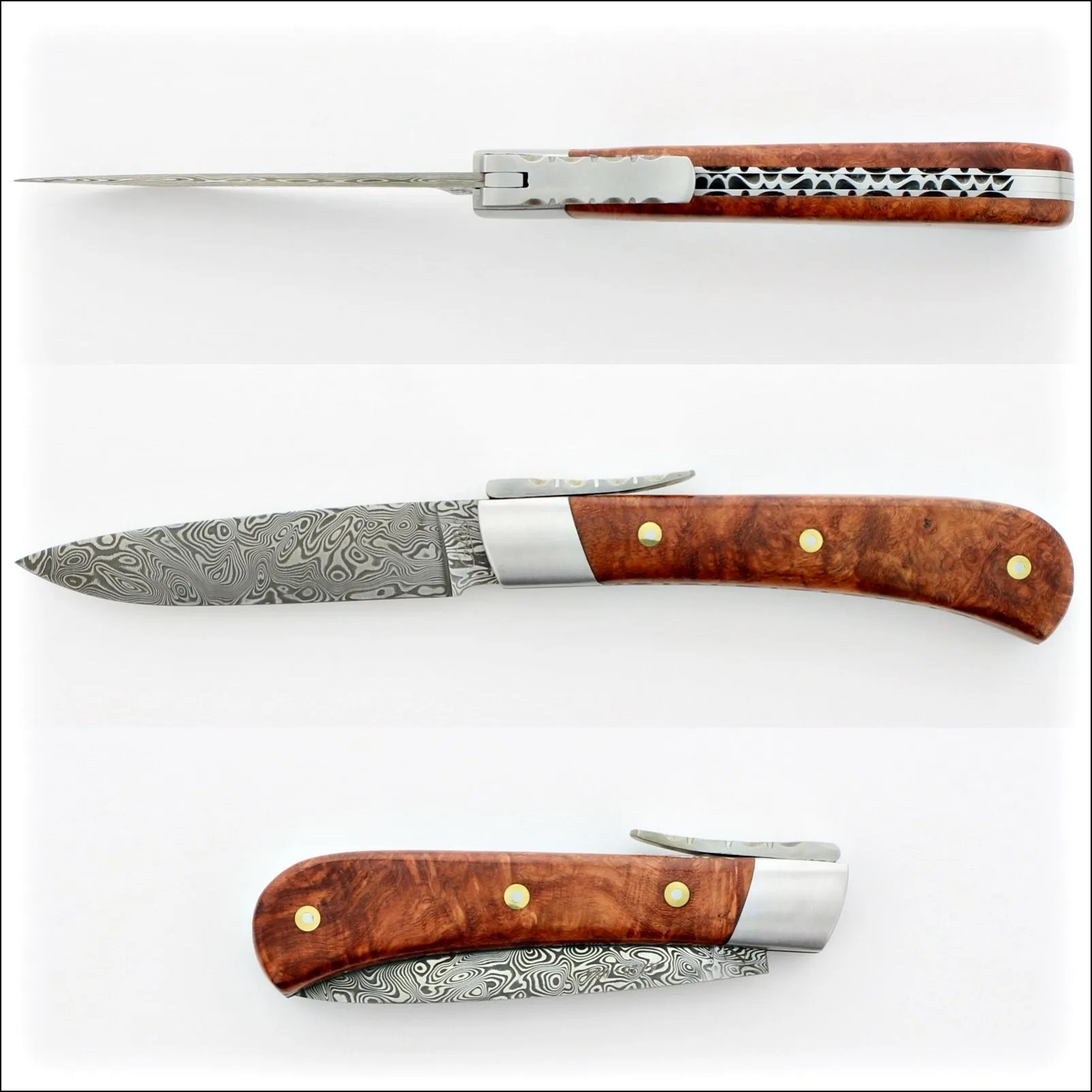 Corsican L'Antò Guilloché Damascus Blade Amboyna Burl