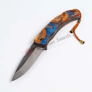 Epoxy Moire Handle Folding Knife and Leather Sheath