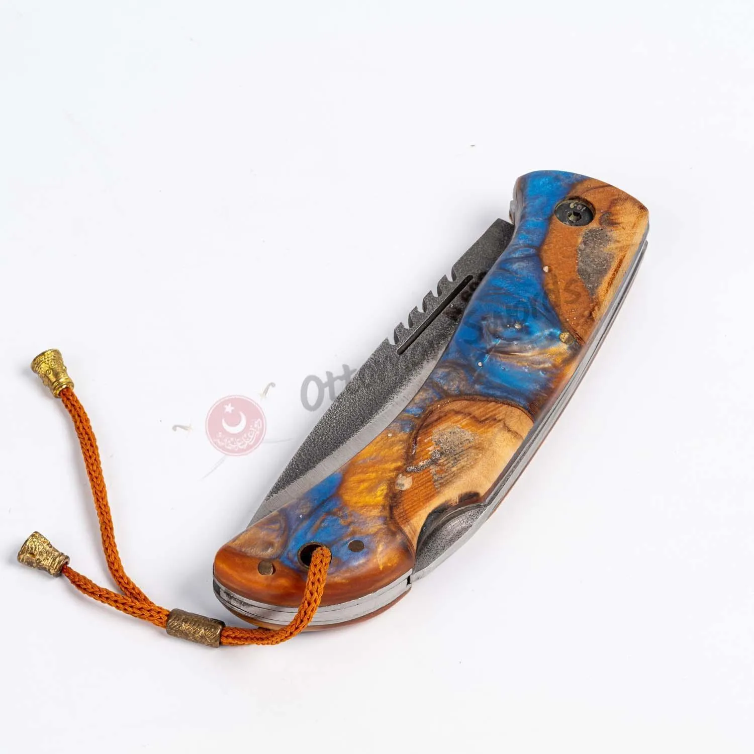 Epoxy Moire Handle Folding Knife and Leather Sheath