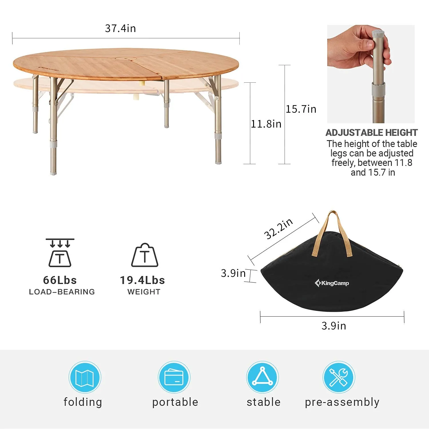 KingCamp Bamboo Round Folding Table