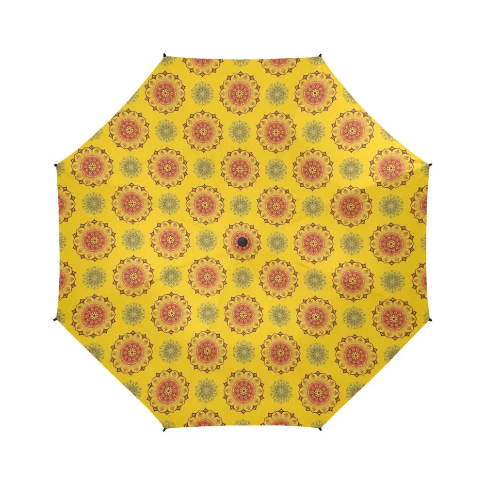 mandala gold print 3 Semi-Automatic Foldable Umbrella (Model U05)