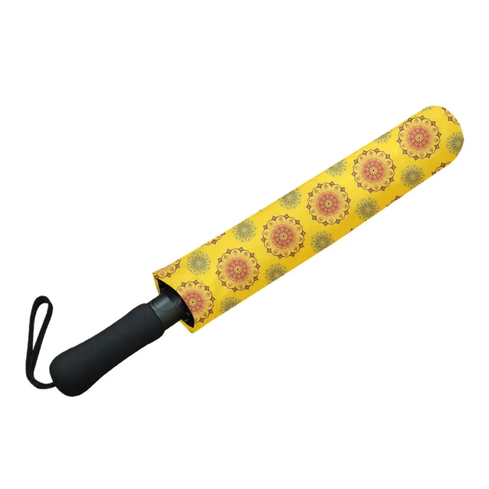 mandala gold print 3 Semi-Automatic Foldable Umbrella (Model U05)