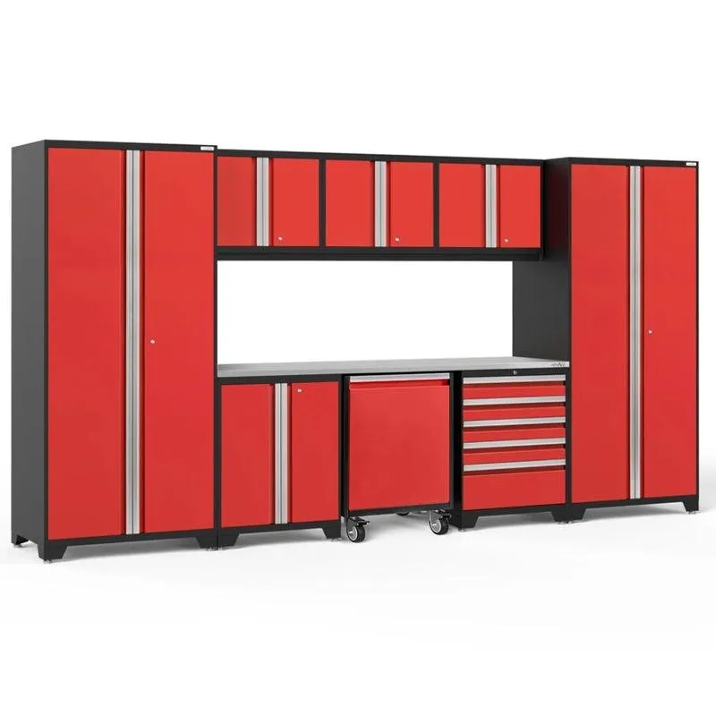 NEWAGE | Pro Series 9 Piece Cabinet Set with Wall, Base, Tool Drawer, Multi-Function Cabinet, Lockers, and 84 in. Worktop