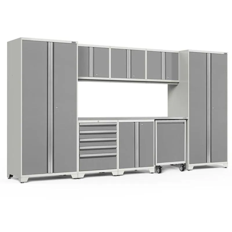 NEWAGE | Pro Series 9 Piece Cabinet Set with Wall, Base, Tool Drawer, Multi-Function Cabinet, Lockers, and 84 in. Worktop