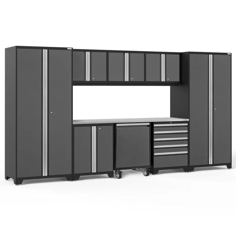 NEWAGE | Pro Series 9 Piece Cabinet Set with Wall, Base, Tool Drawer, Multi-Function Cabinet, Lockers, and 84 in. Worktop