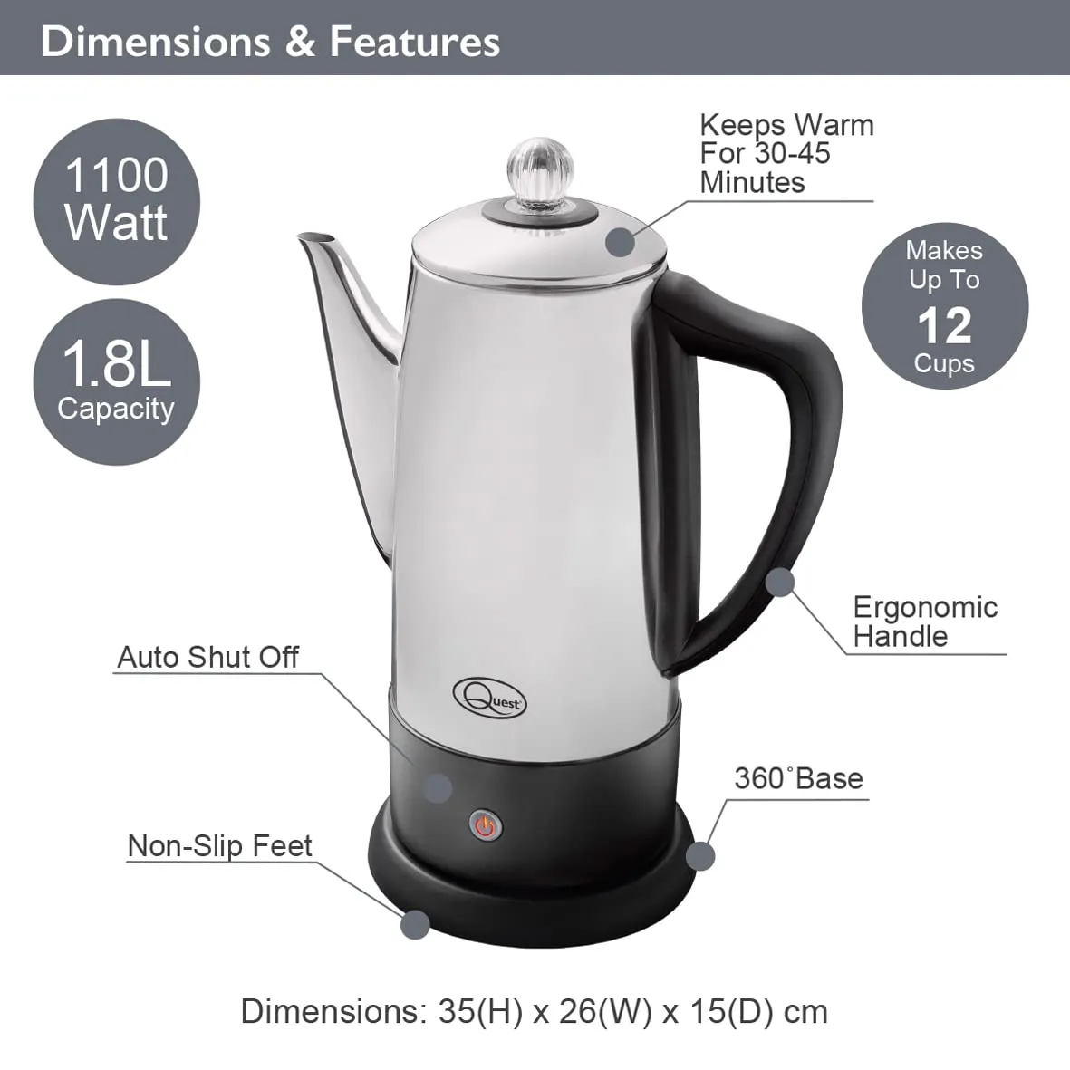 Quest 35200 Electric Coffee Percolator / 1.8L Stainless Steel Filter Coffee Machine / 30-45 Minute Keep Warm Functionality/Removable Filter/Makes Up To 12 Cups At Once / 1100W