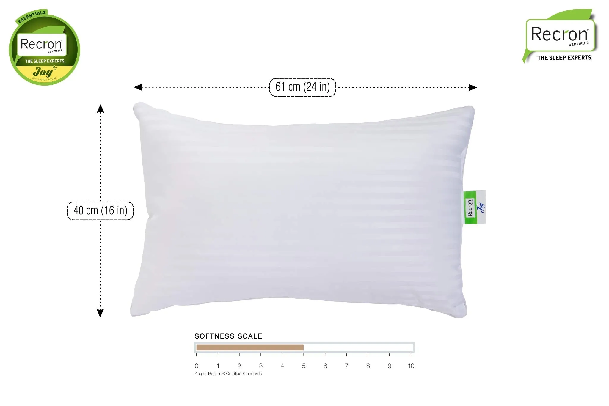 Recron Certified Joy Comfort Cotton Pillow, 61"cm x 40"cm, White