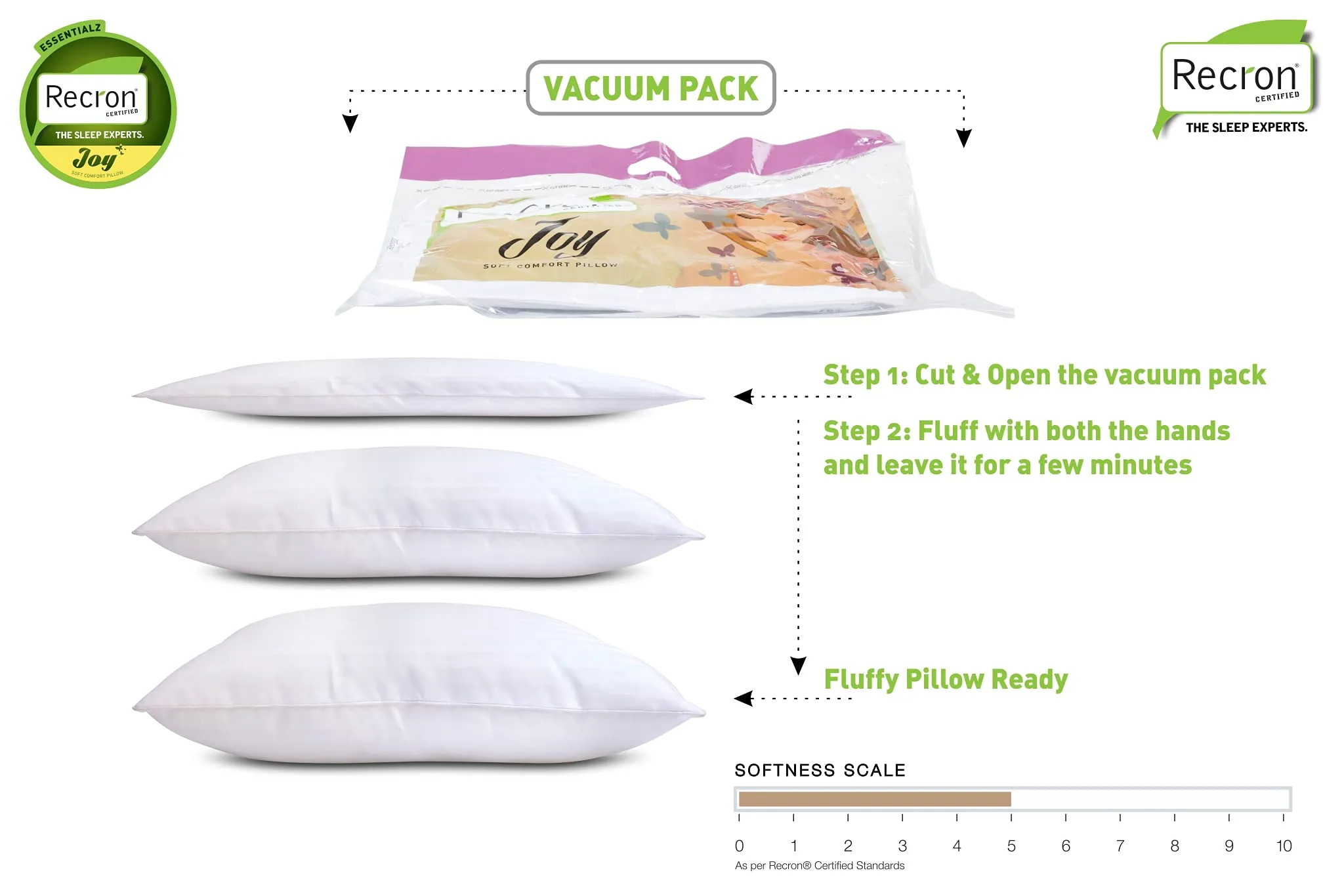 Recron Certified Joy Comfort Cotton Pillow, 61"cm x 40"cm, White