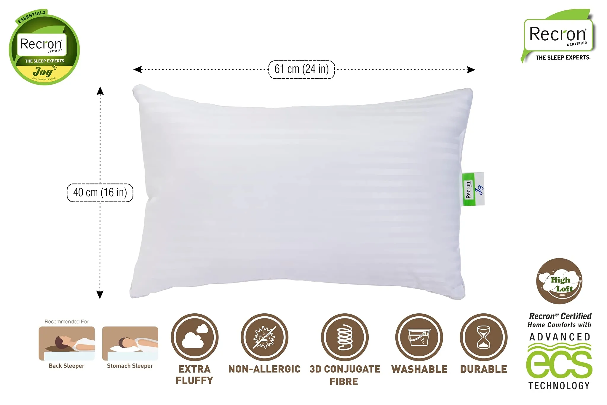 Recron Certified Joy Comfort Cotton Pillow, 61"cm x 40"cm, White